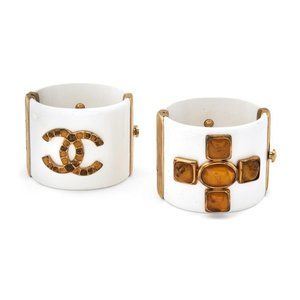 Chanel Pair Of Cuff Bracelets In White And Orange Resin